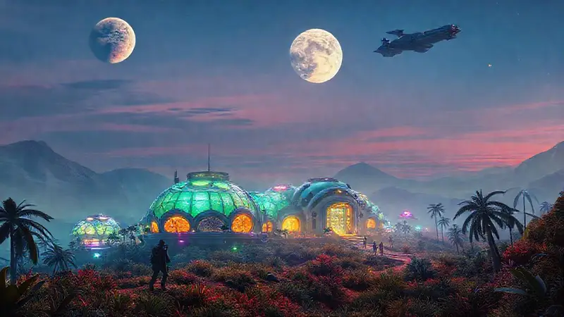 Colonia espacial futurista en un planeta lejano