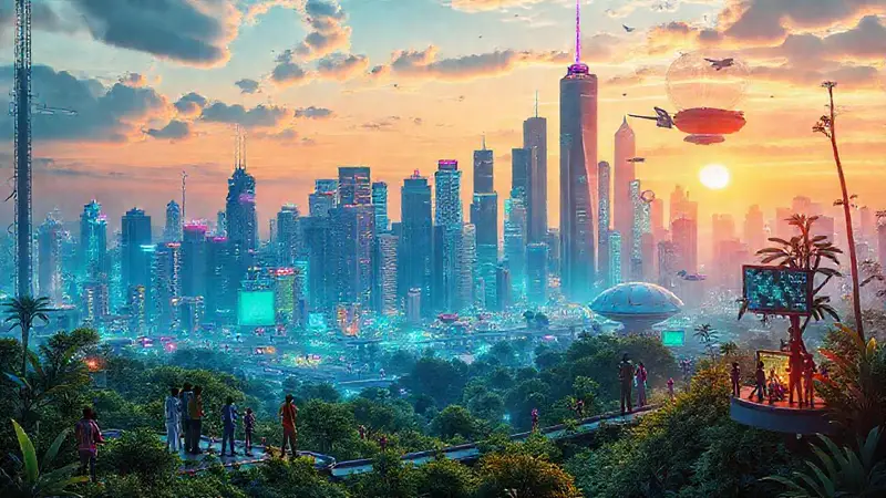 Ciudad futurista con tecnología avanzada y colaboración