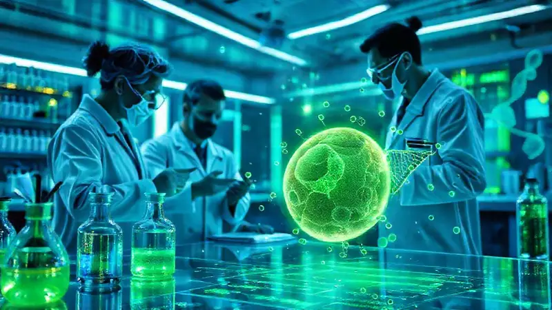 Laboratorio futurista con científicos y tecnología avanzada