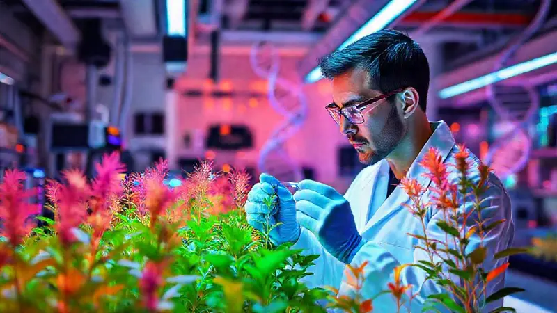 Científico estudia plantas transgénicas en laboratorio futurista