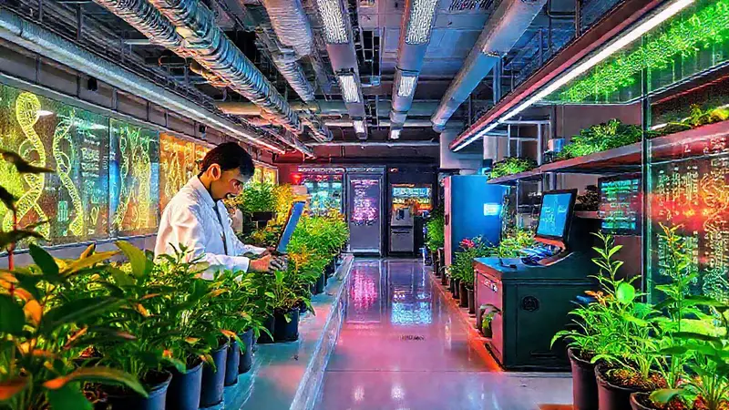 Laboratorio futurista con científicos y tecnología genética