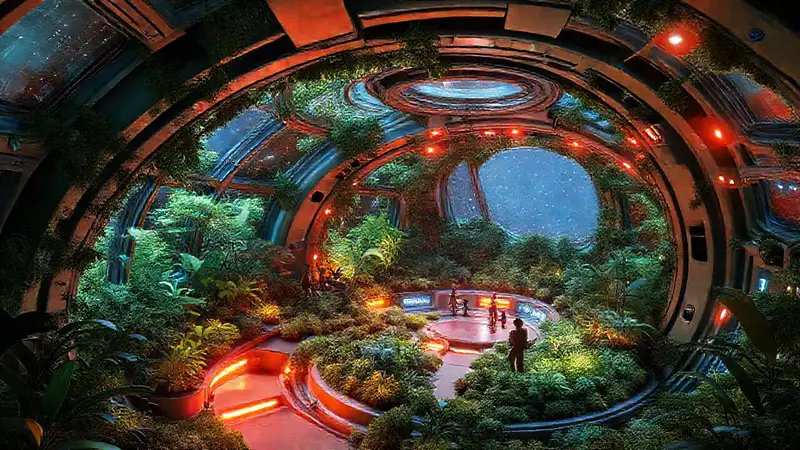 Hábitat espacial futurista que combina naturaleza y tecnología