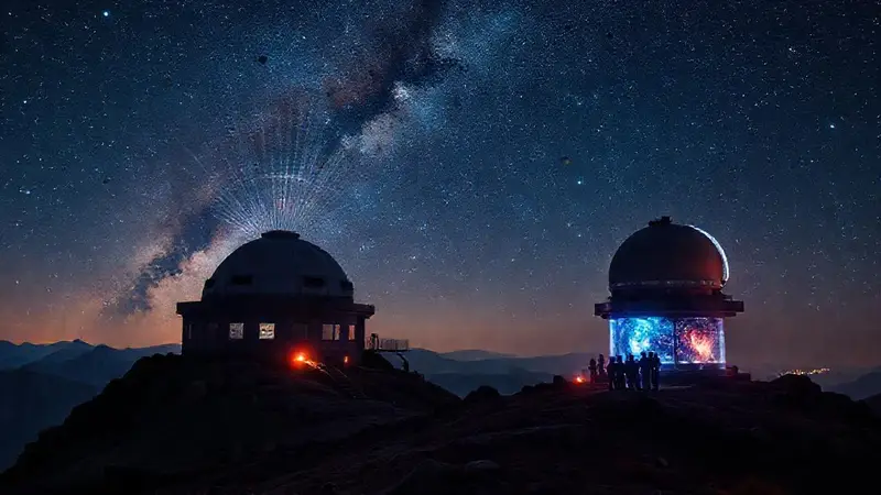 Observatorio futurista explorando el cosmos estrellado