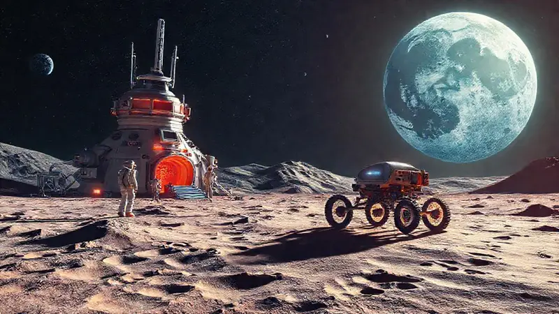 Base lunar futurista con astronautas y rover