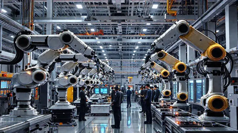 Fábrica futurista con robots y trabajo colaborativo