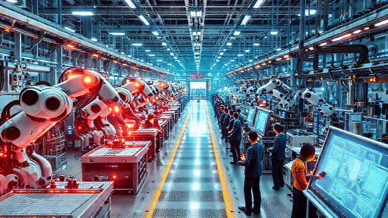 Fábrica futurista con robots y colaboración
