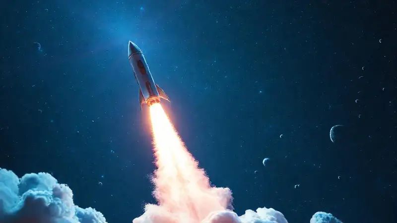 Cohete futurista despegando hacia el espacio