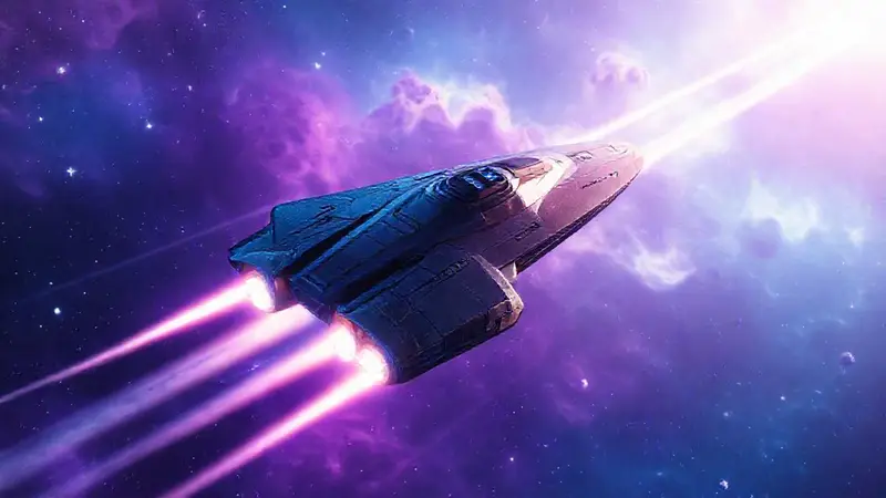 Nave espacial futurista vuela en colorida nebulosa