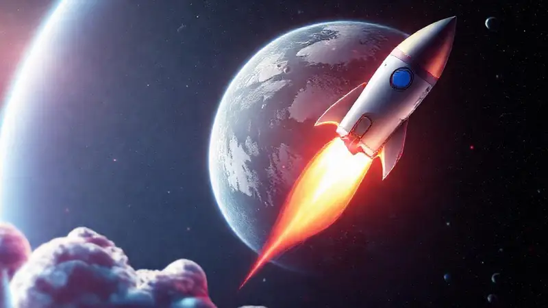 Cohete futurista despegando hacia el espacio