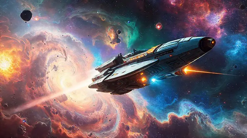 Nave espacial futurista explora un paisaje cósmico