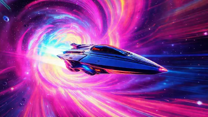 Nave espacial futurista viaja por coloridas dimensiones