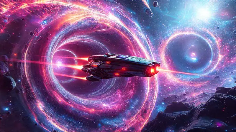Naves futuristas explorando coloridos agujeros de gusano