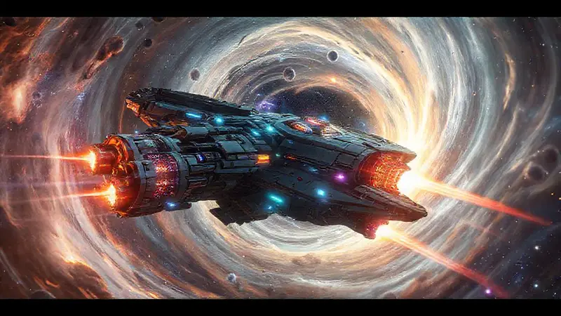 Nave espacial futurista en un vórtice cósmico