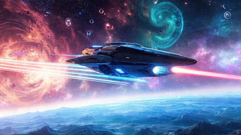 Naves futuristas exploran paisajes cósmicos vibrantes
