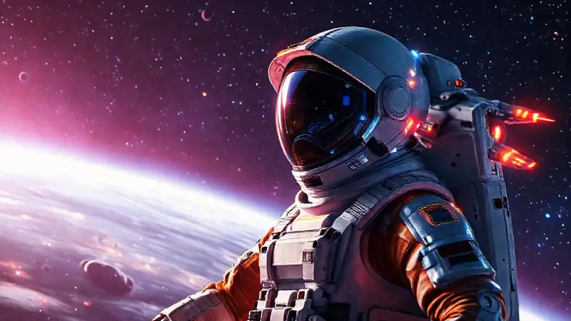Astronauta futurista en galaxia con nave avanzada