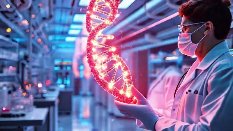 Laboratorio futurista con científicos investigando genética