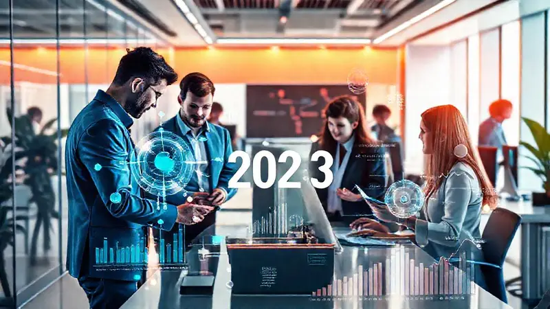 Oficina moderna con tecnología y colaboración diversa
