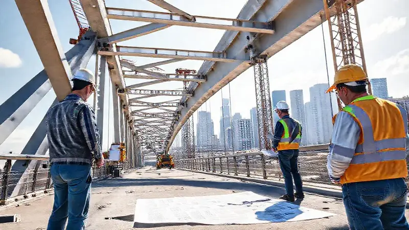 Construcción de puente moderno con ingenieros y maquinaria