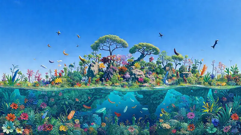 Ecosistema vibrante con biodiversidad y armonía