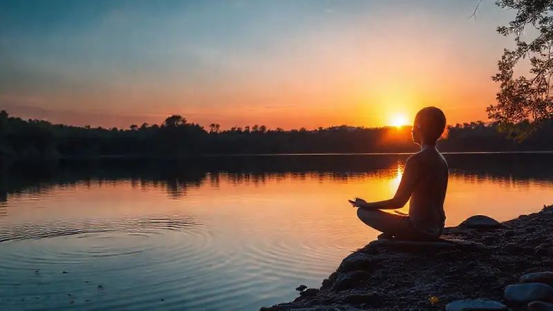 Meditación serena junto al lago al amanecer