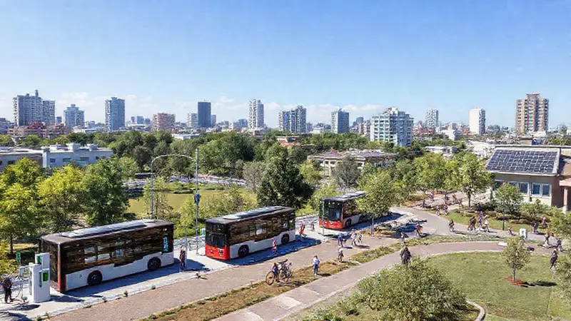 Ciudad sostenible con transporte eléctrico y espacios verdes