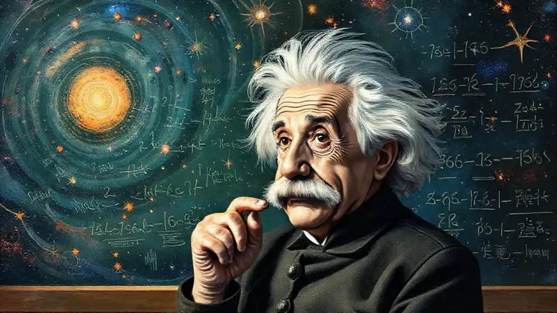 Einstein rodeado de galaxias y ecuaciones