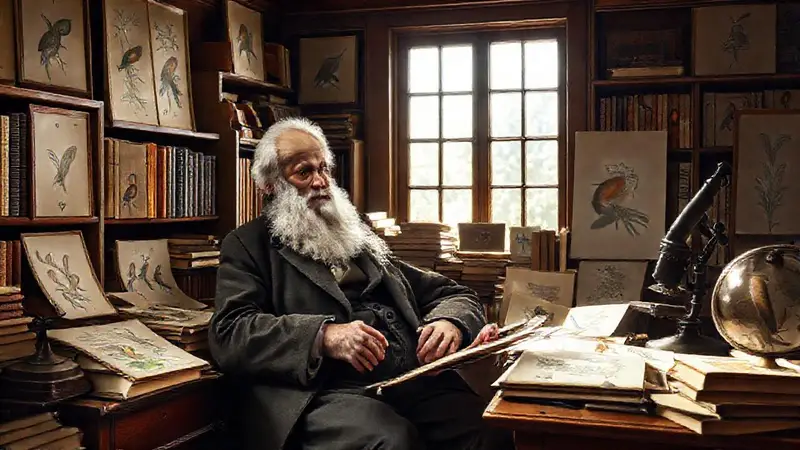 Darwin en un estudio victoriano rodeado de ciencia