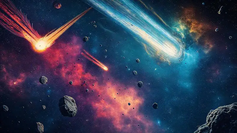 Cometas y asteroides en un paisaje cósmico