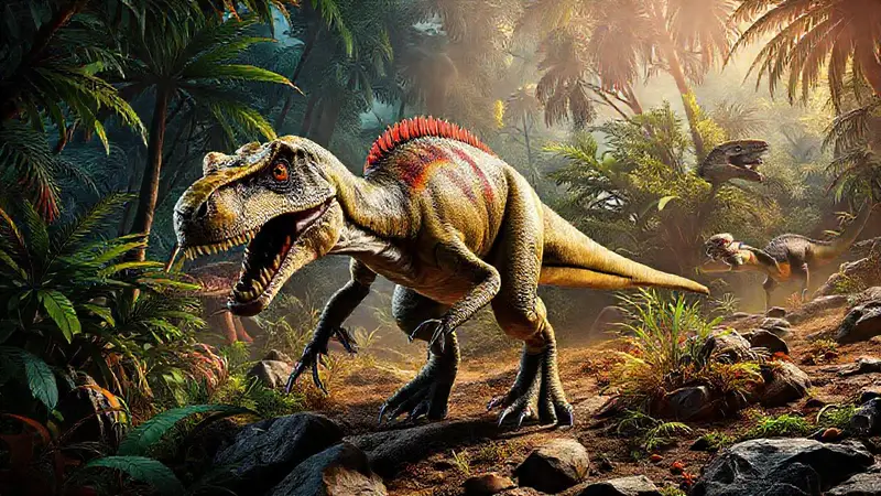 Velociraptor cazando en un paisaje prehistórico