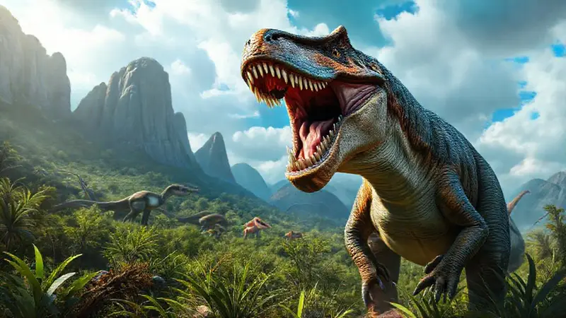 Carcharodontosaurus ruge en un paisaje jurásico