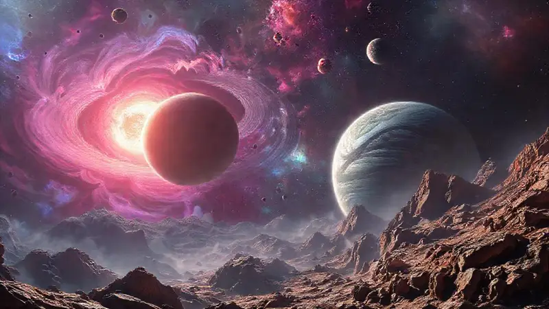 Exoplanetas lejanos con paisajes misteriosos y coloridos