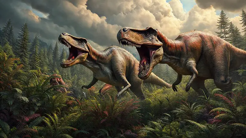Predadores jurásicos en un paisaje vibrante