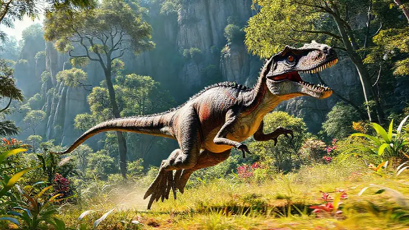 Velocirraptor corre en un paisaje jurásico