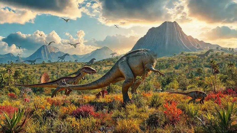 Paisaje del Cretácico con dinosaurios diversos