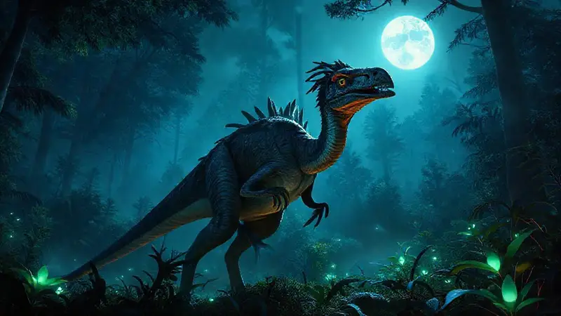 Troodon cazando en un bosque iluminado