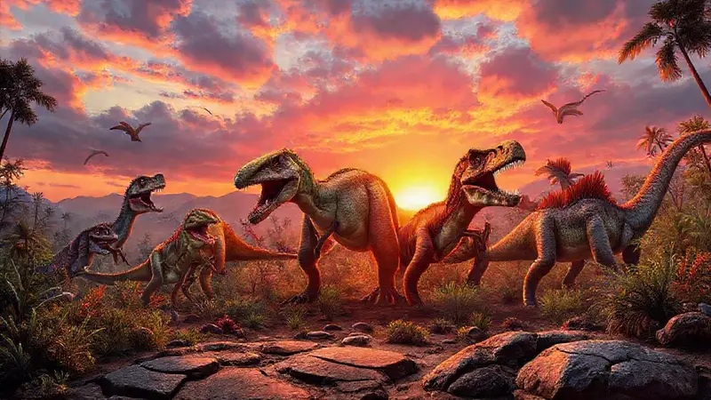 Dinosaurs cazadores en un paisaje cretácico vibrante