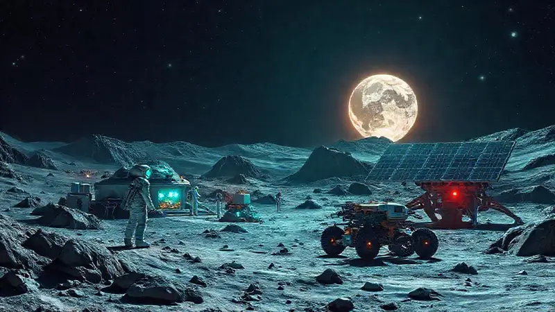Base lunar futurista con tecnología y sostenibilidad