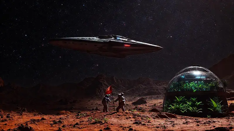 Nave espacial en mundo árido con astronauta