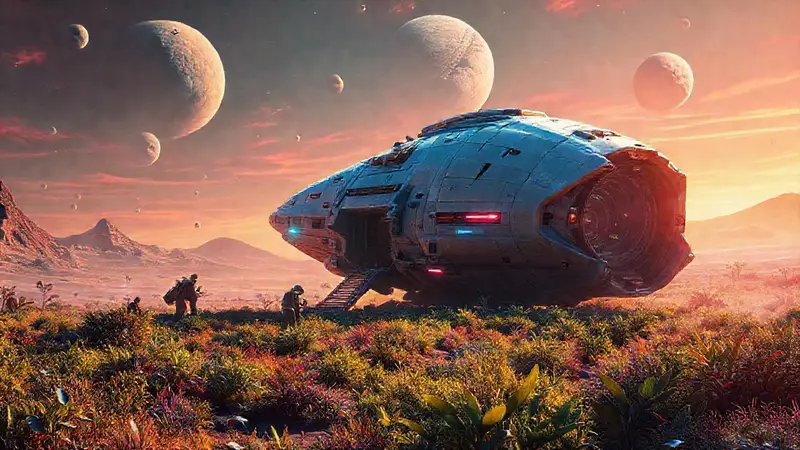 Nave espacial futura recolecta recursos en alienígena