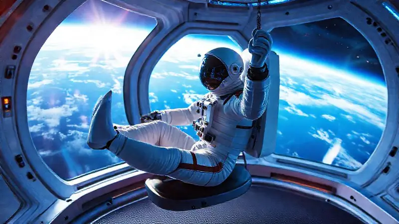 Astronauta hace ejercicio en hábitat espacial futurista