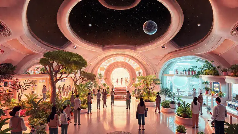 Hábitat espacial vibrante con comunidad diversa y saludable