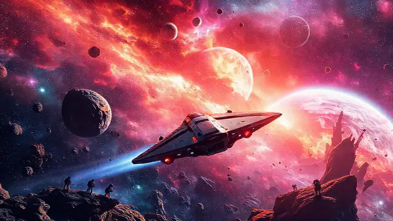 Nave espacial explora galaxia con planetas alienígenas