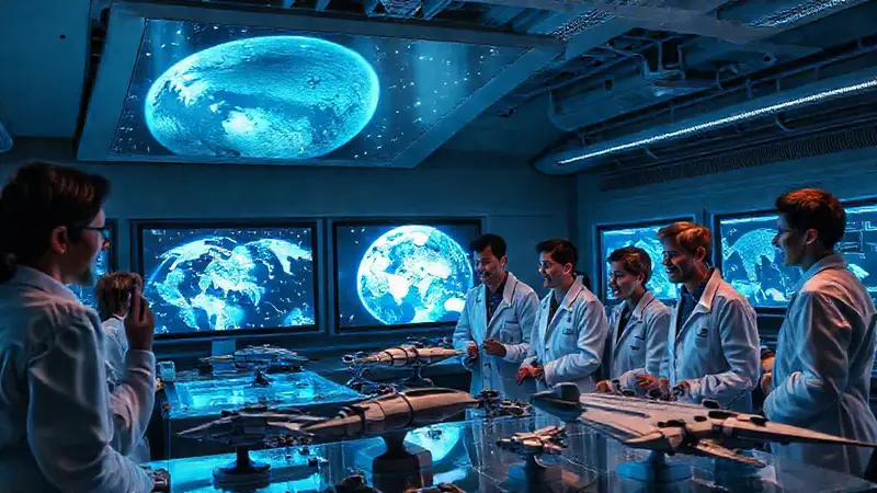 Científicos innovadores colaboran en un laboratorio futurista