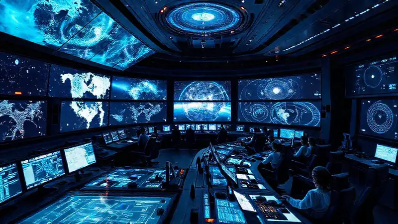 Sala de control futurista con mapas galácticos