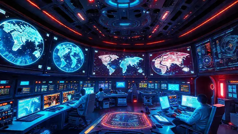 Sala de control futurista con hologramas estelares