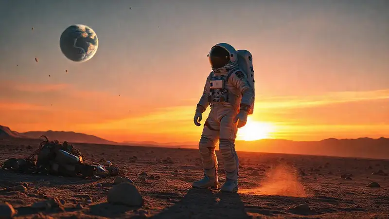 Astronauta solitario en paisaje desolado con Earth