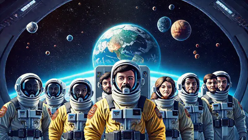 Astronautas diversos colaboran en un futuro ético