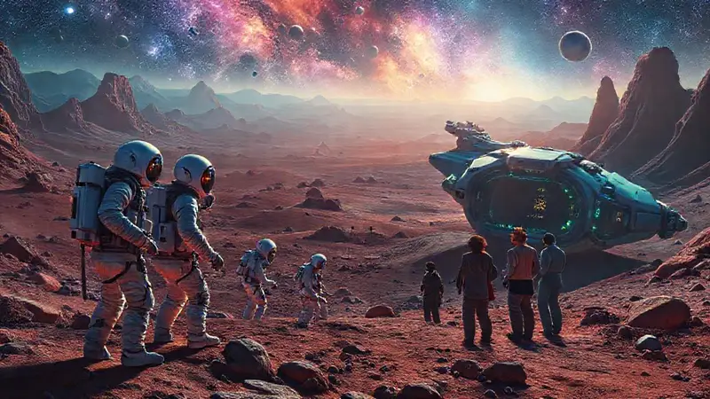 Astronautas discuten dilemas éticos en un paisaje alienígena