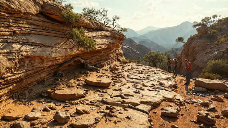 Fósiles y paleontólogos en un paisaje vibrante