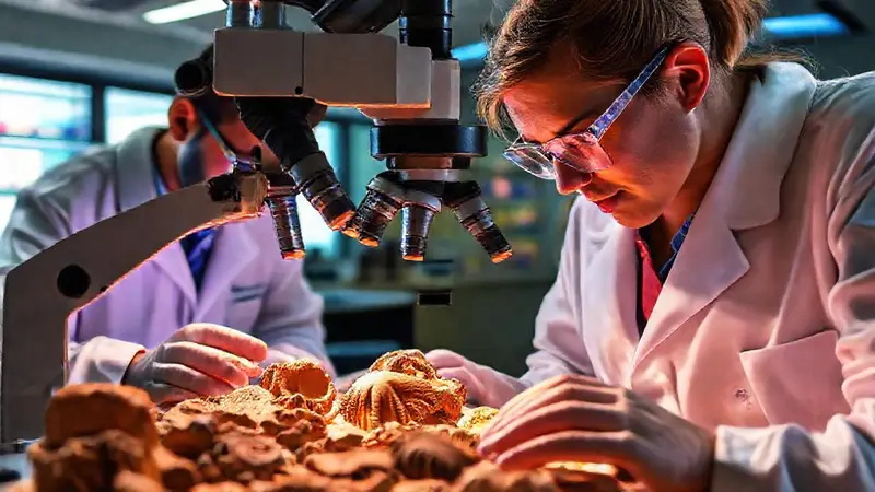 Paleontólogos examinan fósiles en laboratorio moderno